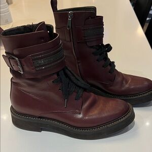 Brunello Cucinelli Dark Red Leather Combat Boots